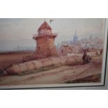 A Watercolour of a coastal scene with boats and figures by Geo.