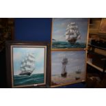 An Oil on canvas of Tall ships by R. Williams and two other similar paintings.