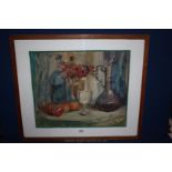 A colourist Watercolour still life of fruit, Anemones, a decanter, bottles and glasses,