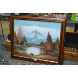 An Oil on canvas of a snowy mountain with a lake and trees in the foreground