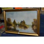 A large Oil on river lock and buildings, signed Jim M. Co.