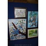 A framed painting of two birds on a branch of Magnolia,