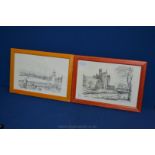 Two Framed R Bramley Pen & Ink Reproductions of Welsh Scenes - Roath Park & Cardiff Castle.