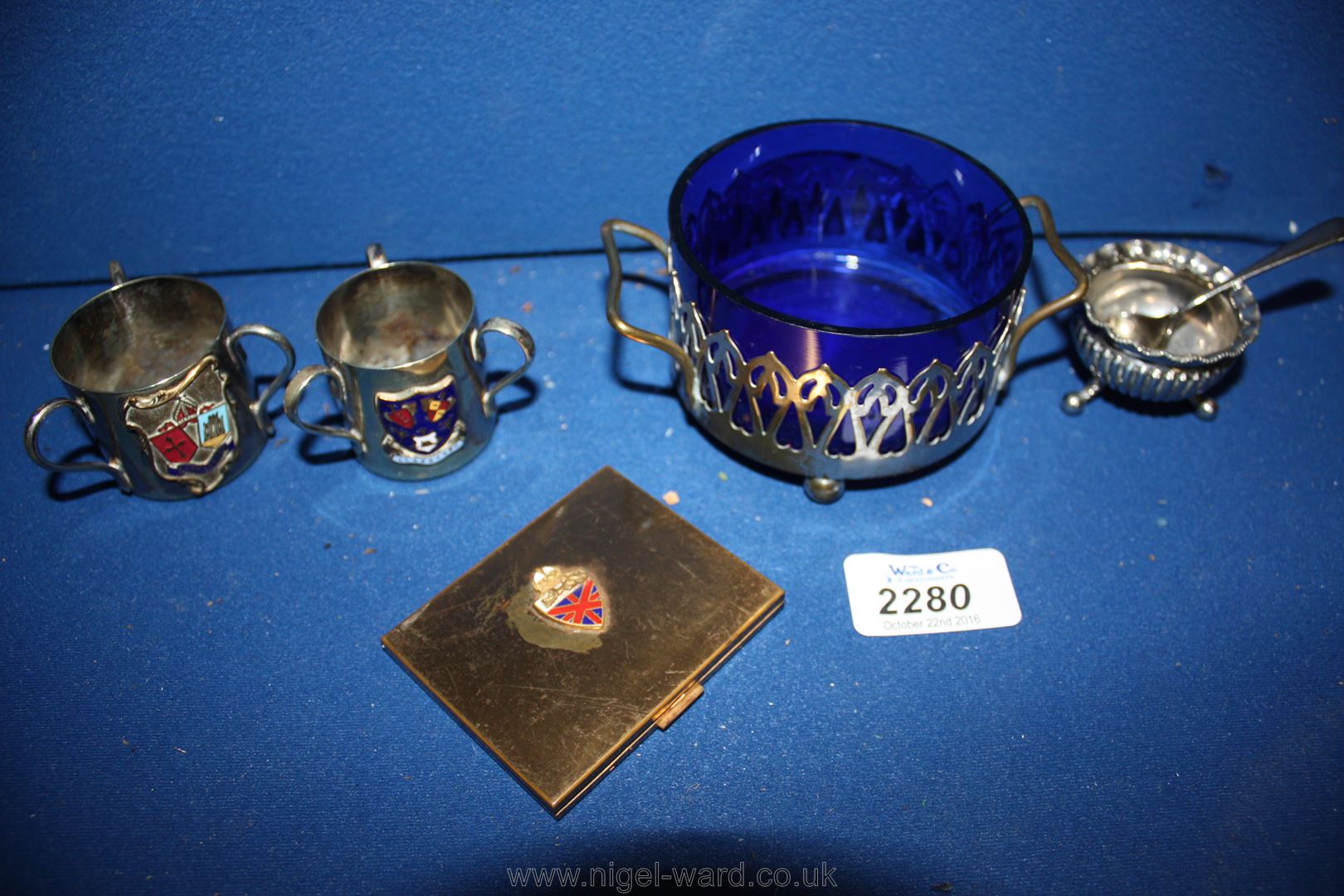 A quantity of small plated items including two Tygs with crests, Salt, etc.
