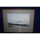 An unsigned Watercolour of a Castle on a Coastline, framed.