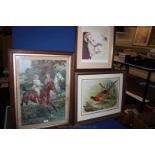 A Pears style Print of a lady and daughter riding dapple grey and bay horses,