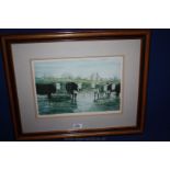 A signed, Alex Williams, Print of Cattle standing around a feeder with sheep in the background,