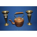 A pair of Brass Vases 12'' tall and a Copper Kettle