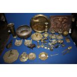 A quantity of brass including candlesticks, Chamberstick, elephant ornaments, letter openers,