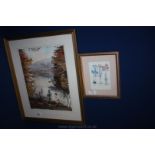 An unsigned Watercolour of a lake scene and a Print of Iris and Crocus