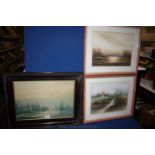 A Print of a Fishing Harbour scene and two Watercolours of country scenes