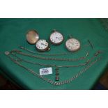 Miscellaneous white metal Watch Chains and three Silver cased Pocket Watches for restoration.