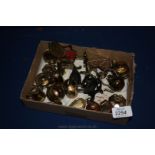 A Box of Miniature Brass, Copper & Cast Ornaments Inc. Flat Irons, Kettles, Grand Piano Etc.