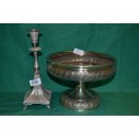 A Walker & Hall Sheffield plated footed Bowl and a plated Candlestick.
