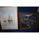 A Print of boats by Roy Figg and a Watercolour of a garden scene,