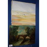 An Oil on board/ceramic of a river scene and an unframed Watercolour of a beach scene by William