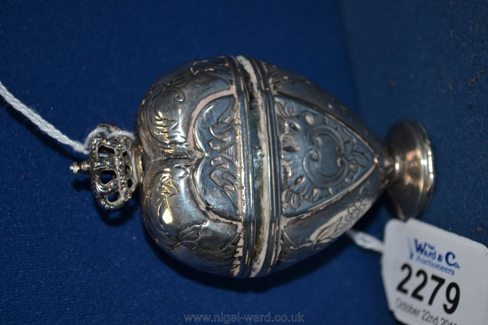 An attractive Danish silver heart shape spice box with crown finial (hovedvandsaeg).