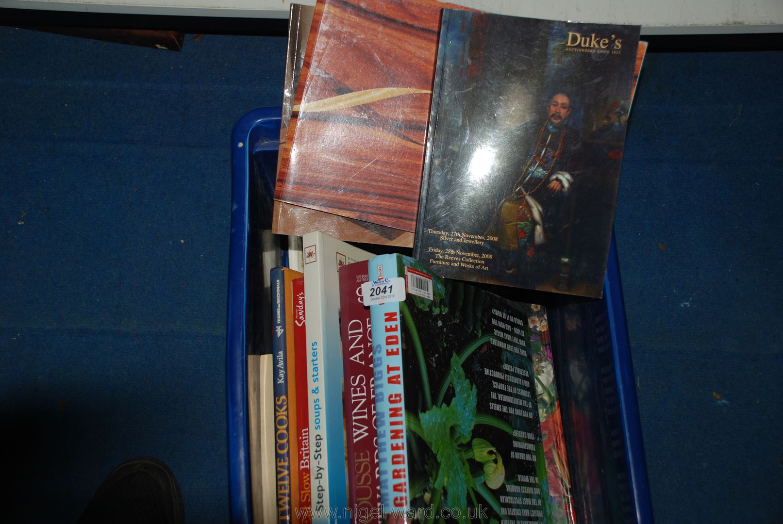 A box of Books: gardening, cookery, antiques catalogue etc.