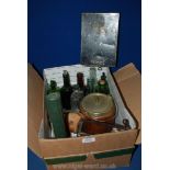 A box of miscellanea including a Motorist First Aid case,Nottingham, various bottles,