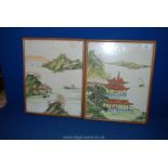 A pair of Chinese silk, framed Paintings.