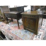 A WOODEN COAL BOX AND SIDE TABLE