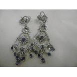 A SET OF THEO FENNELL 18CT WHITE GOLD FANCY DIAMOND AND SAPPHIRE DROP EARNINGS