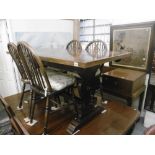 REFECTORY TABLE AND FOUR WHEEL BACK CHAIRS