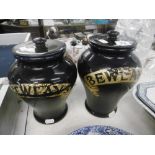 A PAIR OF ROYAL DOULTON LAMBETH TOBACCO JARS BEWLAY MINOR CHIP ON INSIDE OF ONE LID