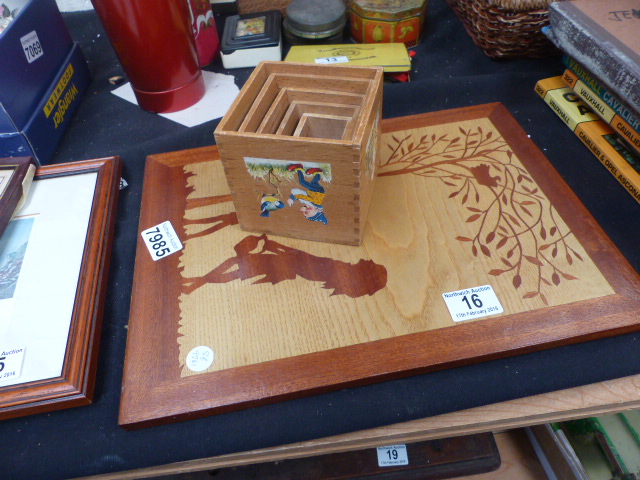 Marquetry picture of girl and boy and old wooden stacking play cubes  39 x 27cm