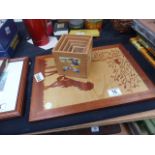 Marquetry picture of girl and boy and old wooden stacking play cubes  39 x 27cm