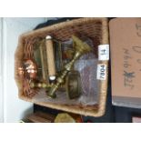 Mixed items including two brass candlesticks, picture frame etc