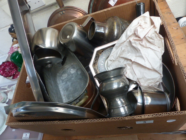 Box of mixed silver plated and stainless steel items including hall mirror