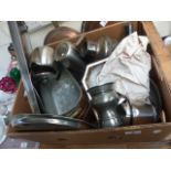 Box of mixed silver plated and stainless steel items including hall mirror