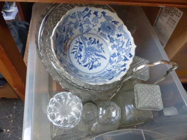 Box of glassware, mainly decanters