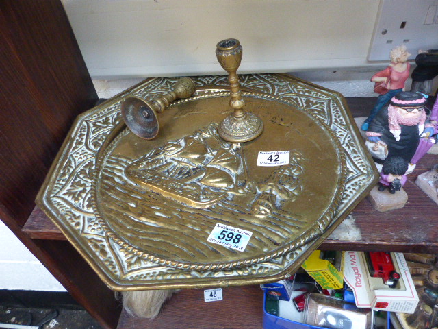 Two brass plaques with ships detail and pair of brass candlesticks