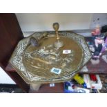 Two brass plaques with ships detail and pair of brass candlesticks