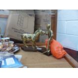 Brass figurine of Man and Horse on wooden plinth