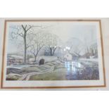 J A HURLEY PRINT. Signed print of river scene by J A Hurley with blind stamp