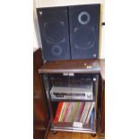 STEREO CABINET AND SPEAKERS. Glazed stereo cabinet with Mitsubishi speakers, stereo deck and various