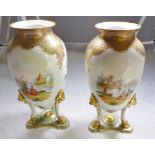 DRESDEN VASES. Pair of Dresden floral and gilt vases on white ground, H ~ 19cm, one A/F