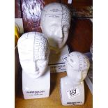 PHRENOLOGY HEADS. Three phrenology heads, H ~ 29cm