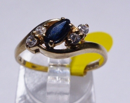 GOLD SAPPHIRE AND CZ RING. 9ct gold marquise cut sapphire and CZ ring, size O