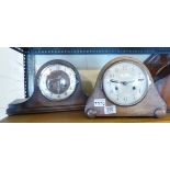 TWO MANTEL CLOCKS. Two oak cased chiming mantel clocks