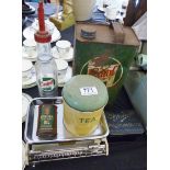 MIXED VINTAGE ITEMS. Vintage lot including advertising tins, original glass castrol bottle and a