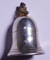 SILVER PILL BOX. Hallmarked silver bell shaped pill box? with pixie seated on top