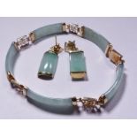 JADE BRACELET AND EARRING SET. 9ct gold jade bracelet and earring set