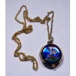 HUDSON PENDANT WATCH AND CHAIN. Yellow metal Hudson pendant watch with enamelled back D ~ 3cm and