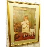 GIRL AND DOG PRINT. Gilt framed and glazed print of a girl and dogs 59 x 75cm