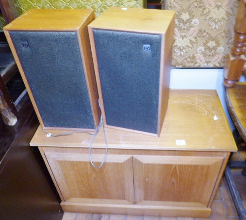 STEREO CABINET AND SPEAKERS. Teak stereo cabinet and pair of Dynatron speakers