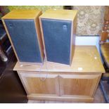 STEREO CABINET AND SPEAKERS. Teak stereo cabinet and pair of Dynatron speakers